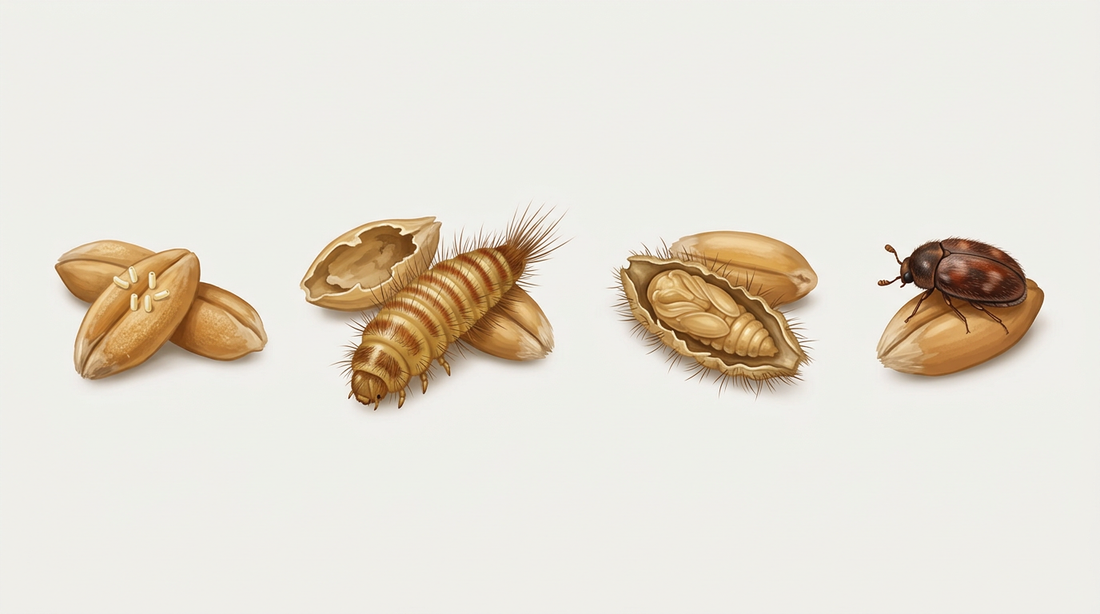 Développement du coléoptère Khapra : œufs sur les grains de blé, larve poilue jaune-brun à côté d'un grain mangé, pupe dans la peau larvaire et petit coléoptère rouge-brun