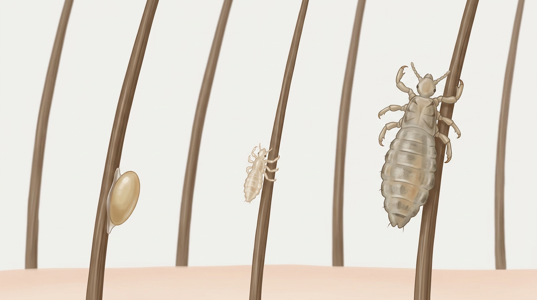 Illustration très agrandie : œuf de pou (lente) à la racine des cheveux, jeune larve et pou de tête adulte sur cheveux humains
