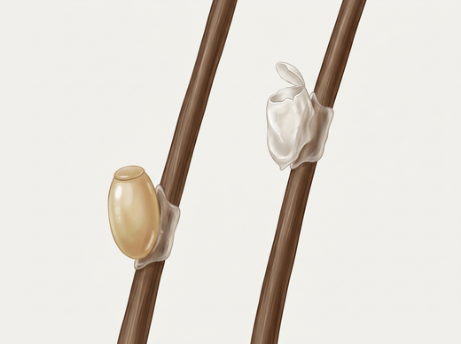 Cheveux avec œuf de pou coincé (lente) et coquille d'œuf vide, considérablement agrandis