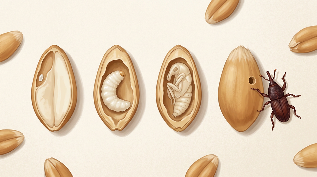 Développement d'un charançon des céréales à l'exemple du coléoptère des céréales : grains de blé coupés et ouverts avec un œuf, une larve et une nymphe blanc laiteux à l'intérieur, à côté d'un coléoptère sur un grain avec un trou rond