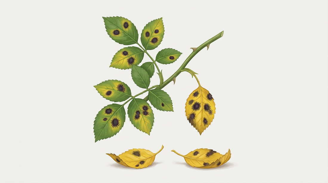 Pousses de rosiers à fumagine étoilée : taches noires à bords rayonnants sur les feuilles, feuilles jaunies et feuilles tombées
