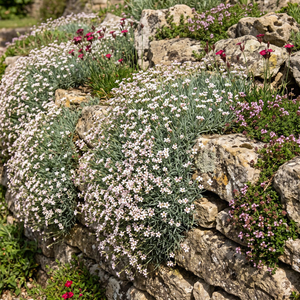 Kriechendes Gipskraut (Gypsophila repens) in Blüte im naturnahen Garten (KI-generiert)