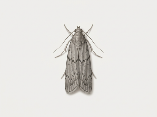 Papillon de la farine (Ephestia kuehniella) avec ailes antérieures grises, d'en haut
