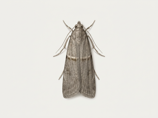 Papillon de stockage tropical (Ephestia cautella) avec ailes antérieures gris-brun, d'en haut