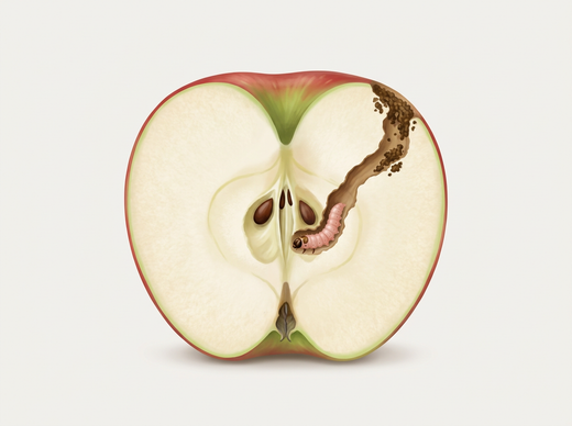 Pomme tranchée avec passage d'alimentation et chenille du carpocapse rose dans le noyau