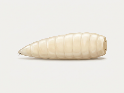 Mouche de la mouche (larve de mouche domestique) de côté : blanchâtre, sans pattes, pointue à l'avant et large à l'arrière
