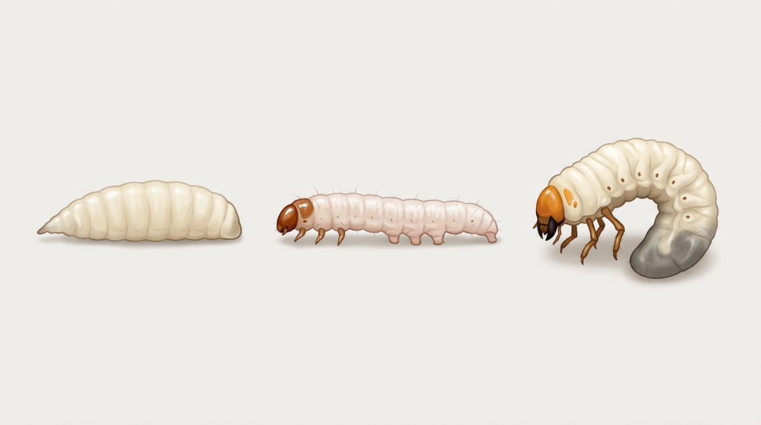Comparaison de trois types de larves : à gauche une mouche blanche sans pattes, au milieu une chenille de papillon avec une tête brune, des pattes pectorales et des pattes abdominales, à droite un ver courbé en forme de C avec une tête brune et trois longues paires de pattes