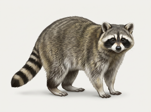 Raton laveur (Procyon lotor) avec masque noir et queue enroulée