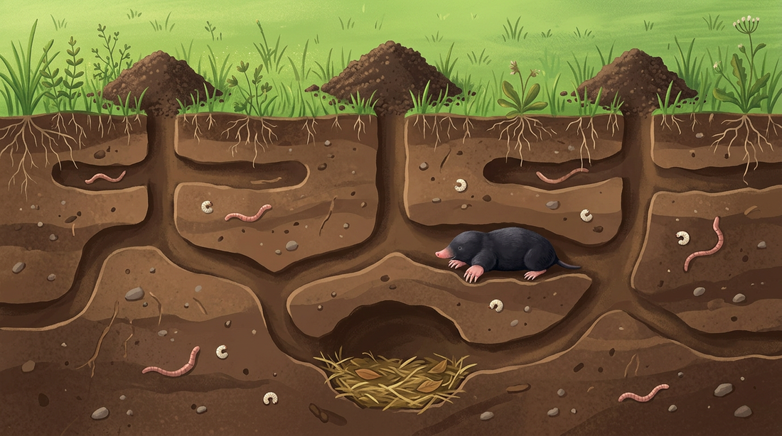 Vue en coupe d'une pelouse : une taupe dans son système de tunnels, au-dessus un monticule de terre directement au-dessus du couloir, plus profondément dans le sol la chambre d'habitation