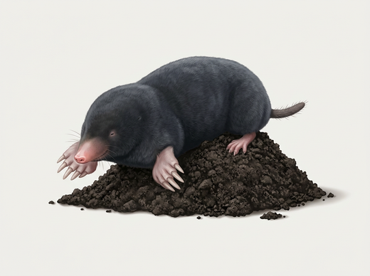 Taupe européenne (Talpa europaea) avec fourrure noire et larges pelles à creuser sur le sol du jardin