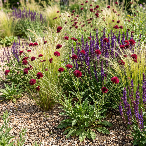 Mazedonische Witwenblume (Knautia macedonica) in Blüte im naturnahen Garten (KI-generiert)