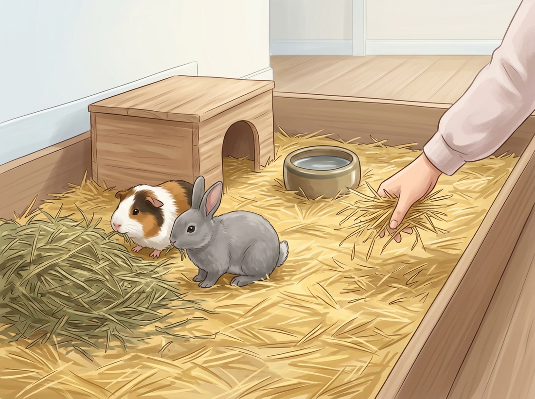 Illustration : Un cobaye tricolore et un lapin nain gris mangent du foin dans un enclos propre, une main disperse de la paille fraîche