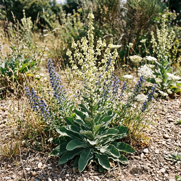 Mehlige Königskerze (Verbascum lychnitis) in Blüte im naturnahen Garten (KI-generiert)