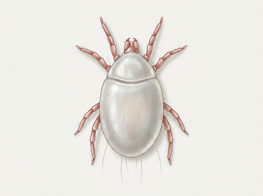 Acarien de la farine (Acarus siro) d'en haut, gris blanchâtre avec pattes rougeâtres