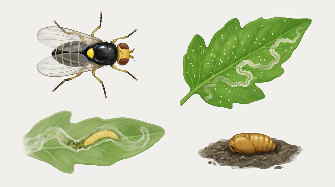 Développement de la mineuse des feuilles : petite mouche noire et jaune, feuille de tomate avec points de perforation et mine serpentée, asticot dans la mine et chrysalide brune au sol