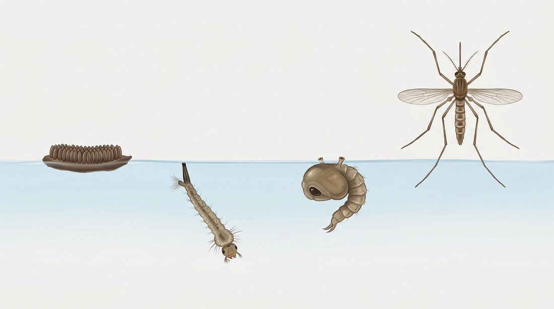 Développement du moustique domestique : paquet d'œufs flottants, larve et nymphe à la surface de l'eau et moustique adulte