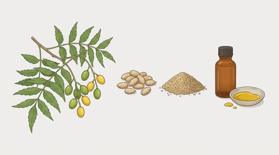 Branche de l'arbre de neem avec des feuilles plumeuses et des fruits en forme d'olive, à côté de graines de neem séchées, de graines de neem moulues et d'une bouteille d'huile de neem