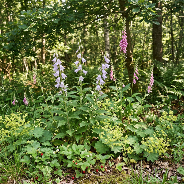 Nesselblättrige Glockenblume (Campanula trachelium) in Blüte im naturnahen Garten (KI-generiert)