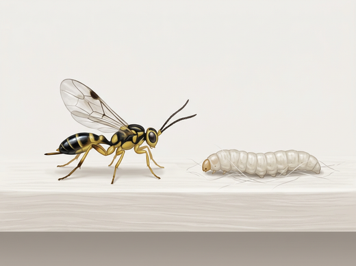 Guêpe parasite de la teigne farineuse (Habrobracon hebetor) : guêpe saumâtre jaune-noire sur une chenille de papillon dans la toile
