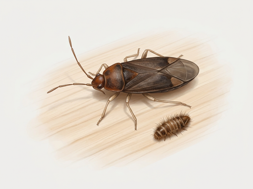 Camp pirate (Xylocoris flavipes) : petit insecte prédateur brun foncé avec de longues antennes à côté d'une larve d'anthrène des tapis