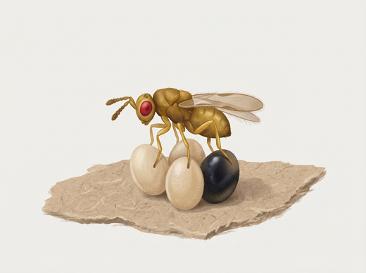 Guêpe parasite Trichogramma : petite guêpe naine jaunâtre aux yeux rouges sur les œufs de papillon