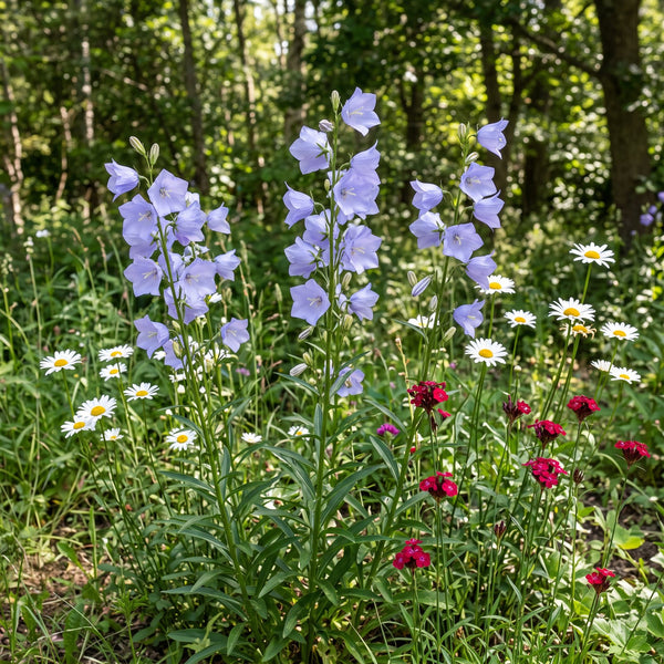 Pfirsichblättrige Glockenblume (Campanula persicifolia) in Blüte im naturnahen Garten (KI-generiert)