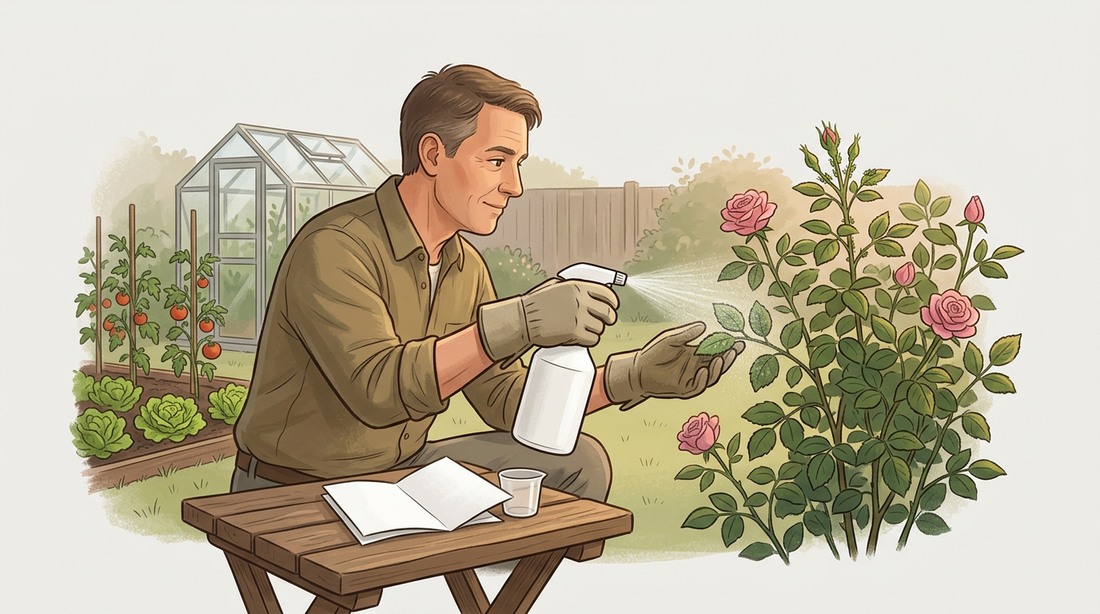 Un jardinier amateur avec des gants pulvérise le dessous d'un rosier le soir, les instructions d'utilisation et les tasses à mesurer sont sur la table, un potager et une serre en arrière-plan