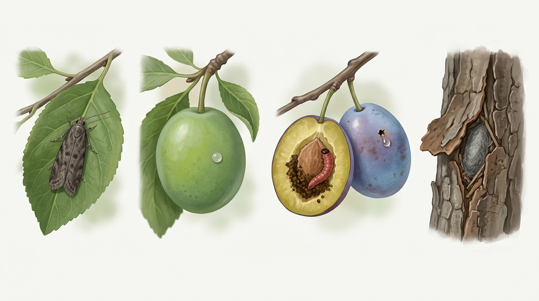 Développement de la teigne du prunier : petit papillon gris-brun sur une feuille, œuf plat translucide sur une prune verte, prune ouverte avec chenille rougeâtre et fientes sur le noyau, prune précoce de couleur bleue avec gouttes de résine et cocon sous l'écorce de l'arbre