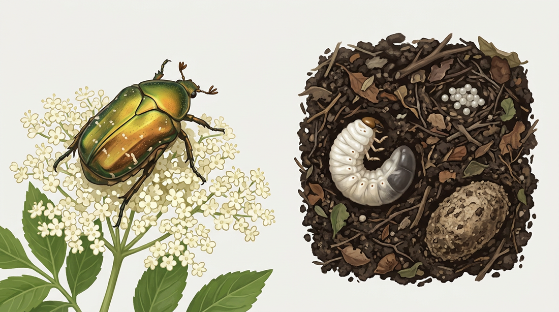 Développement du coléoptère du rosier : coléoptère vert doré sur une fleur de sureau, à côté d'une coupe à travers un tas de compost avec des œufs, une larve blanche épaisse et un cocon fait de terre et de compost