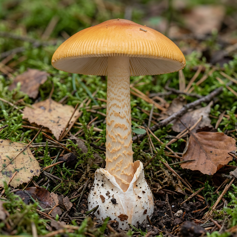 Rayeur de fourreau jaune safran (Amanita crocea), illustration IA