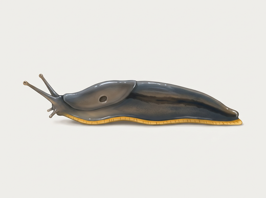 Escargot de jardin (Arion hortensis) vu de côté, gris foncé avec une semelle rampante jaune-orange