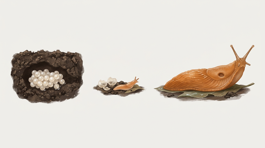 Développement d'une limace : couvée d'œufs blancs nacrés dans une cavité souterraine, jeune escargot nouvellement éclos et limace adulte brun orangé