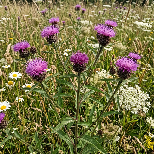 Schwarze Flockenblume (Centaurea nigra) in Blüte im naturnahen Garten (KI-generiert)