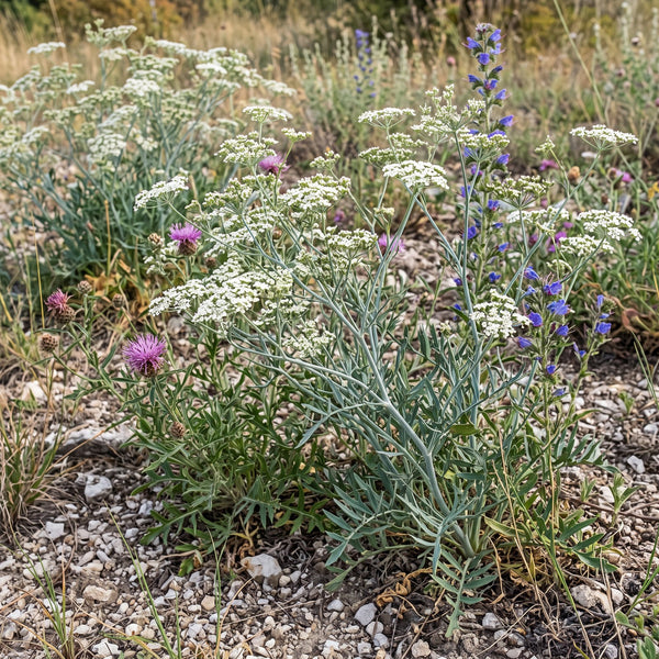 Sichelmöhre (Falcaria vulgaris) in Blüte im naturnahen Garten (KI-generiert)