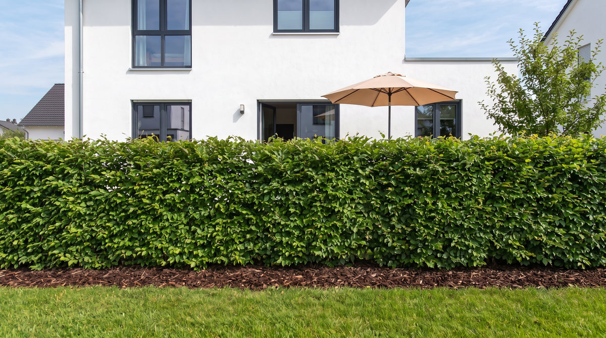 Charme commun en haie de 1,80 m (Été) devant la terrasse des voisins – visualisation IA