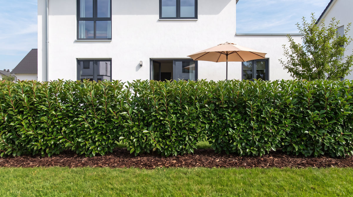 Laurier du Portugal en haie de 1,80 m (Été) devant la terrasse des voisins – visualisation IA