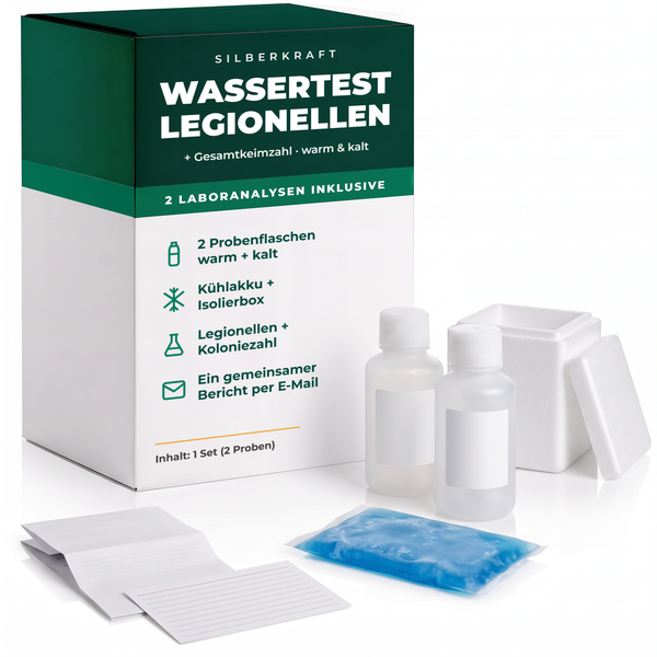 Silberkraft Wassertest Legionellen + Gesamtkeimzahl – Set mit zwei Probenflaschen, Kühlakku und Isolierbox