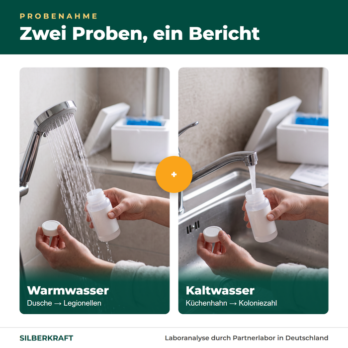 Zwei Proben: Warmwasser an der Dusche für Legionellen, Kaltwasser am Küchenhahn für die Koloniezahl