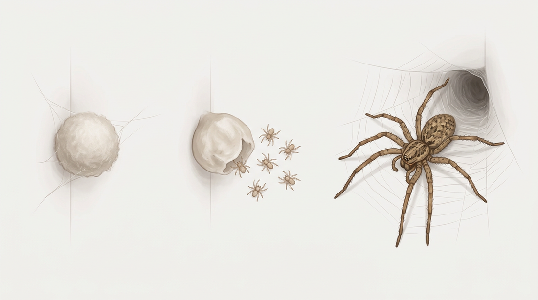 Développement de la grande araignée domestique : cocon d'œuf blanc, petits araignées et araignée adulte devant sa toile en entonnoir