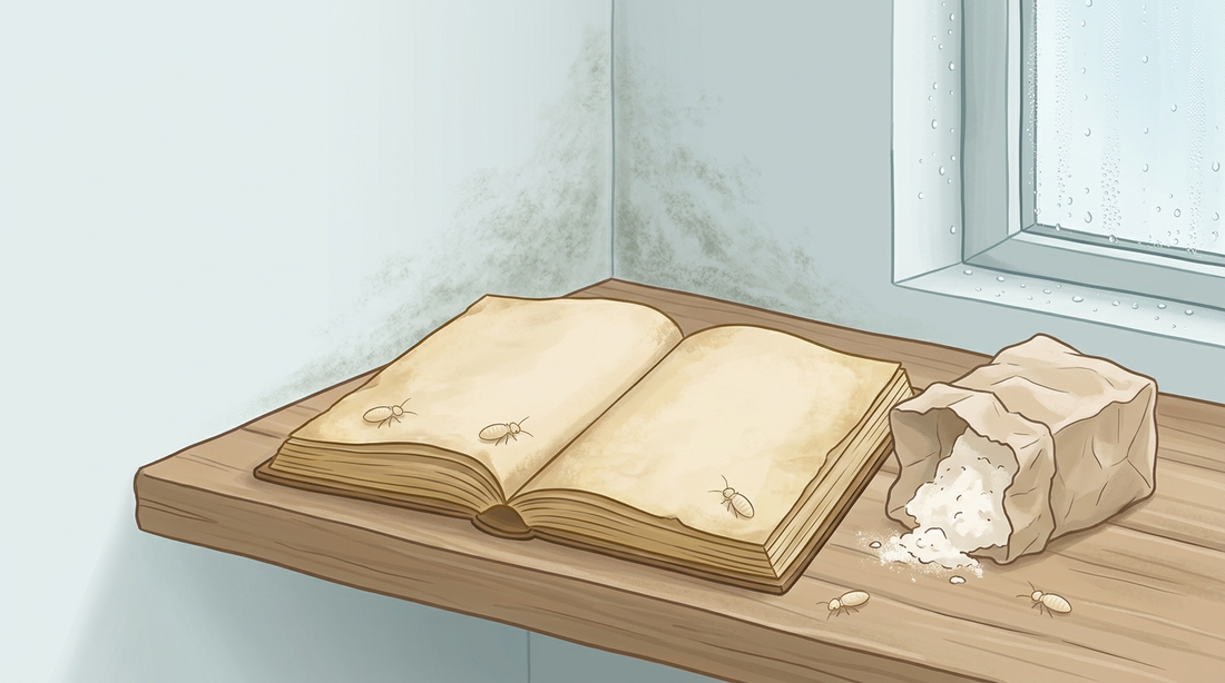 Étagère humide sur un mur extérieur frais avec une légère couche de moisissure, dessus un vieux livre et un sac de farine avec de minuscules poux de poussière légers