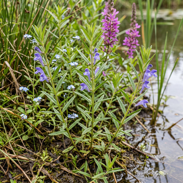 Sumpf-Helmkraut (Scutellaria galericulata) in Blüte im naturnahen Garten (KI-generiert)