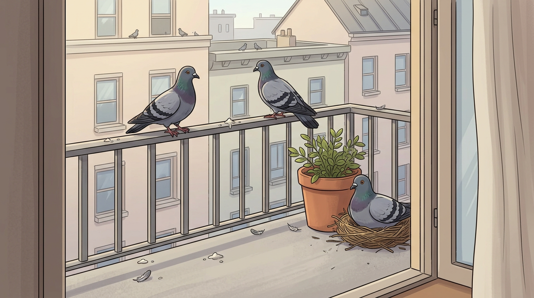 Deux pigeons urbains sur une balustrade de balcon, un troisième niche dans un nid derrière un pot de fleur, avec des crottes et des plumes au sol