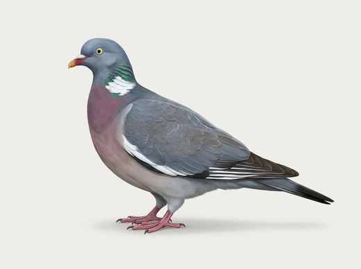 Pigeon ramier (Columba palumbus) vu de côté avec une tache blanche sur la gorge, une bande alaire blanche et une poitrine rose