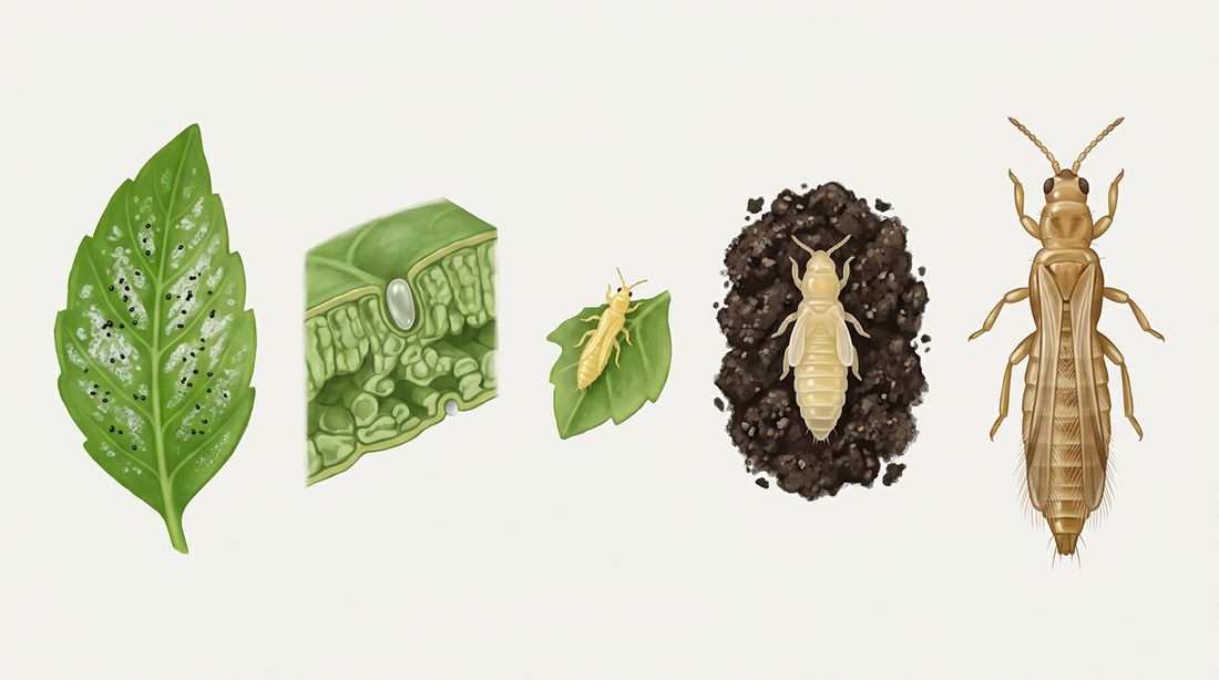 Développement des thrips : feuille avec des taches et des excréments argentés, œuf dans le tissu foliaire, larve jaunâtre, stade de repos au sol et thrips adulte aux ailes frangées
