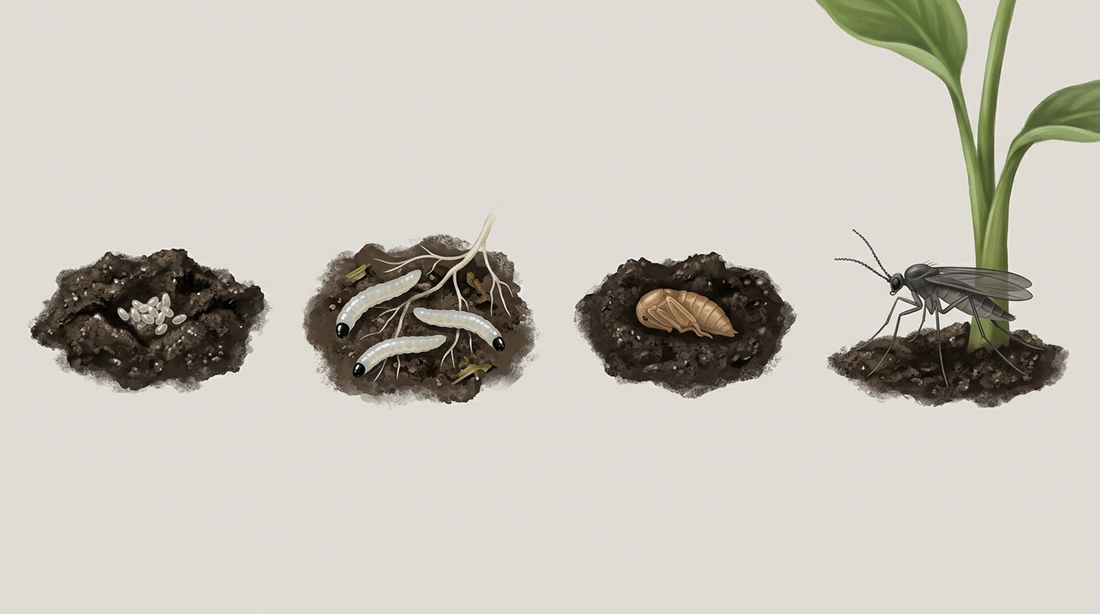 Développement du moucheron des champignons dans le pot de fleur : petits œufs sur un sol humide, larves blanchâtres avec une tête noire entre les fines racines, pupe dans le sol et moucheron des champignons adulte sur la tige de la plante.