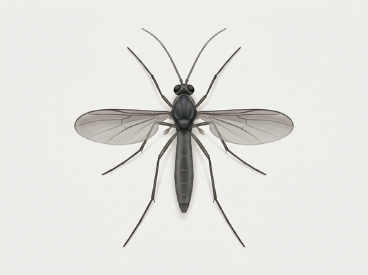 moucheron fongique (Sciaridae) d'en haut, mince et gris foncé avec de longues pattes et antennes