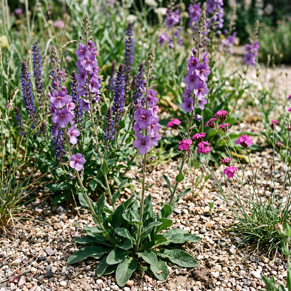 Violette Königskerze (Verbascum phoeniceum) in Blüte im naturnahen Garten (KI-generiert)