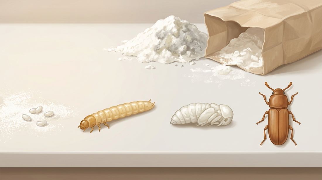 Développement du coléoptère de la farine de riz : œufs blancs dans la poussière de farine, larve mince jaunâtre, chrysalide blanche et coléoptère brun rougeâtre à côté d'un sac de farine