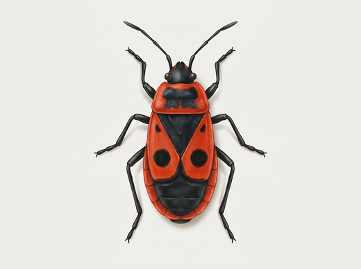 Punaise de feu (Pyrrhocoris apterus) vue d'en haut : motif rouge-noir avec un gros point noir sur chaque couverture alaire