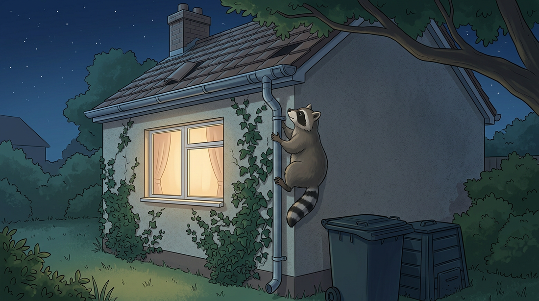 La nuit, un raton laveur grimpe par un tuyau de descente jusqu'à la gouttière d'une maison unifamiliale, à côté d'une poubelle fermée et d'une branche qui dépasse le toit.